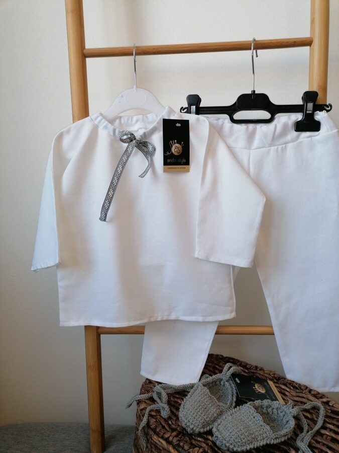 Balts lina krekls ar garām rokām un lina bikses.80 -116 izm.