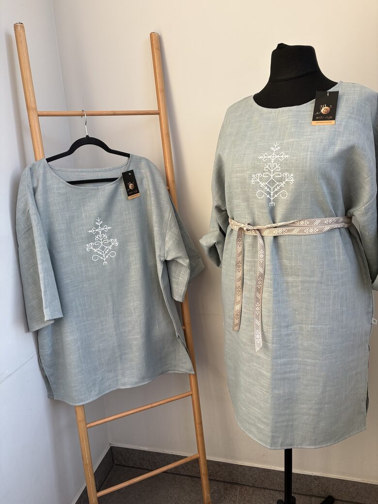 Lina kleita sievietēm. Lina krekls vīriešiem. Gaišā piparmētra. Austras koks. 