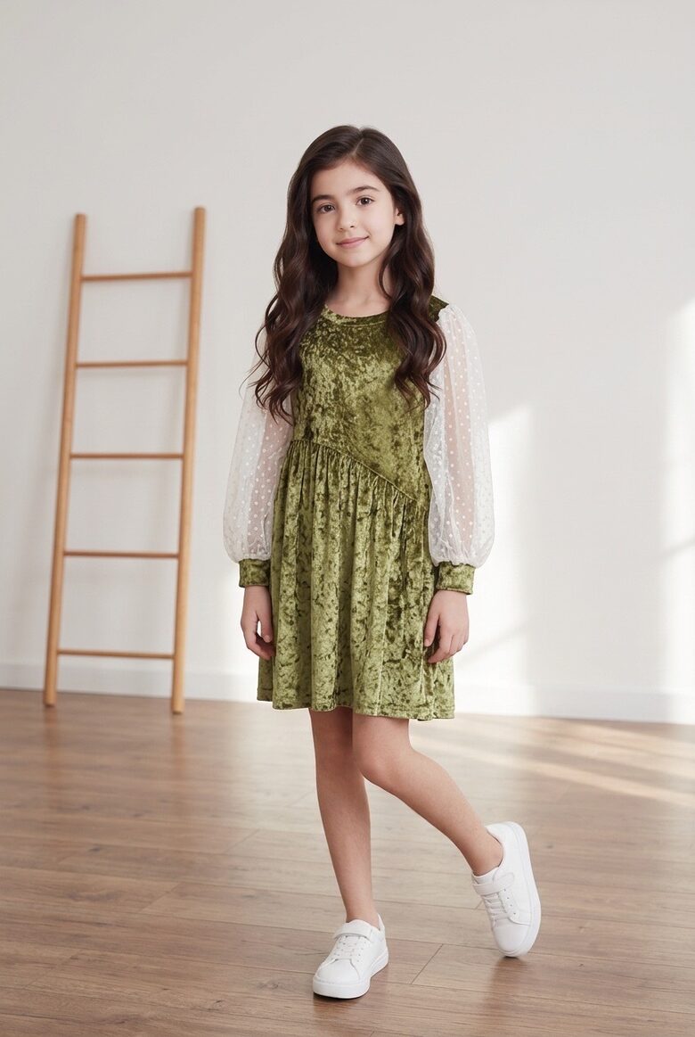 Zaļa samta auduma kleita ar pumpiņtillu. 98/104.,116/122.,122/128.izm.