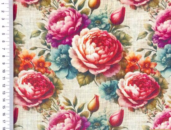 Lina viskozes audums.Peonijas. 