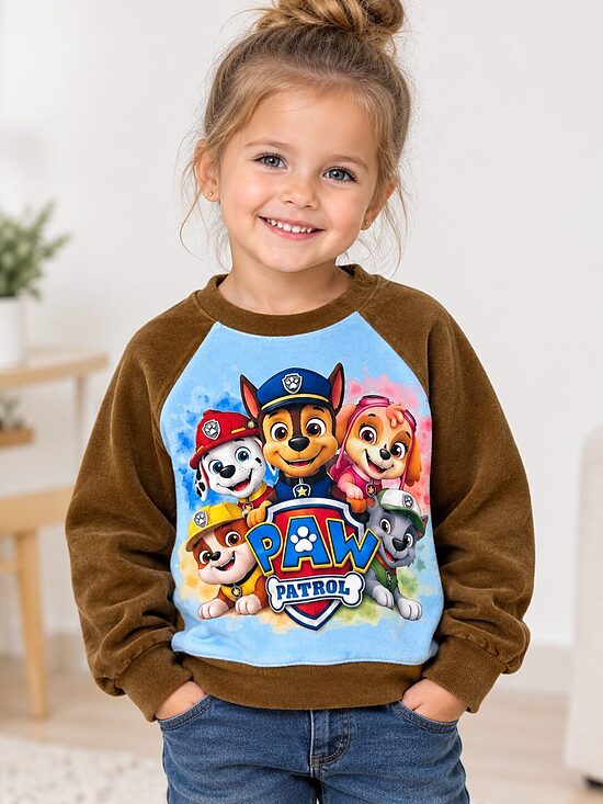 Brauner Kinderpullover aus Baumwollvelours. „Paw Patrol“, Größen 86, 92, 122.