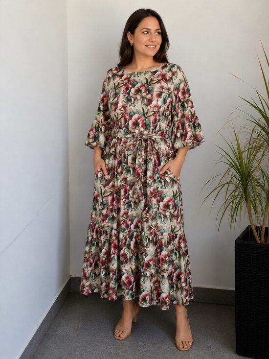 Puķaina garā lina kleita sievietēm, kleita ar kabatām. ,,Vasaras sapnis,,Oversize.