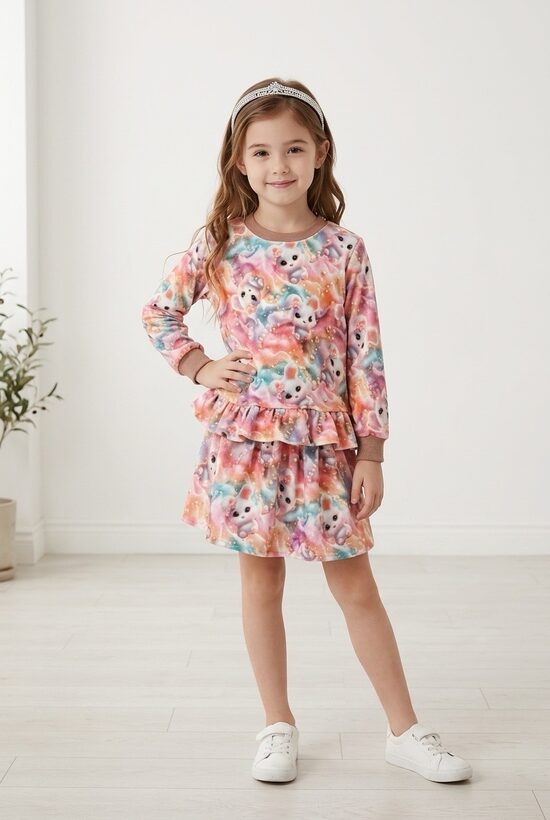 Rozā zaķēni. Džemperis ar volānu. Svārki meitenēm. Galvas lenta. 80-128.izm.