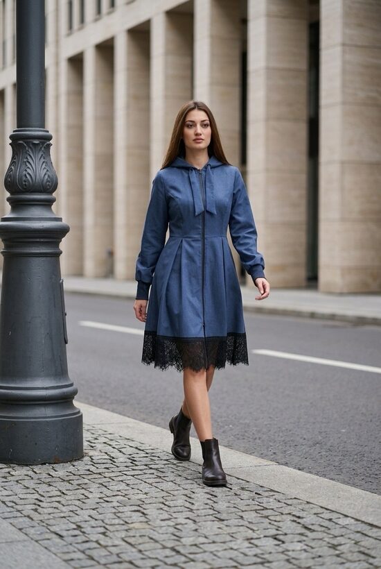 Zilā melanža tonī softshell mētelis ar mežģīni.Tikai Tev . XL izm.