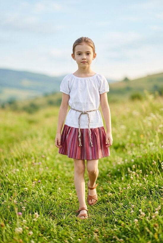 Lina kleita ar tamborētu jostu. ''Tautumeita nr6.'' 74-146 izm.36/42.izm.