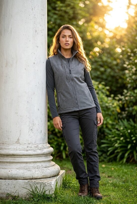 Pelēka melanža tonī sieviešu softshell veste. XS-3XL