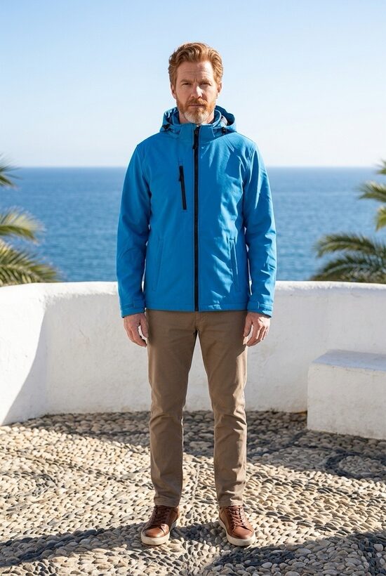 Gaiši zila softshell jaka vīriešiem ar noņemamu kapuci. S,M, 2XL,3XL.