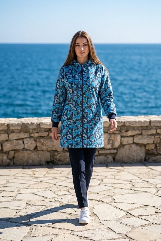 Zilos toņos softshell jaka ar pagarinātu aizmuguri.M/L izm.