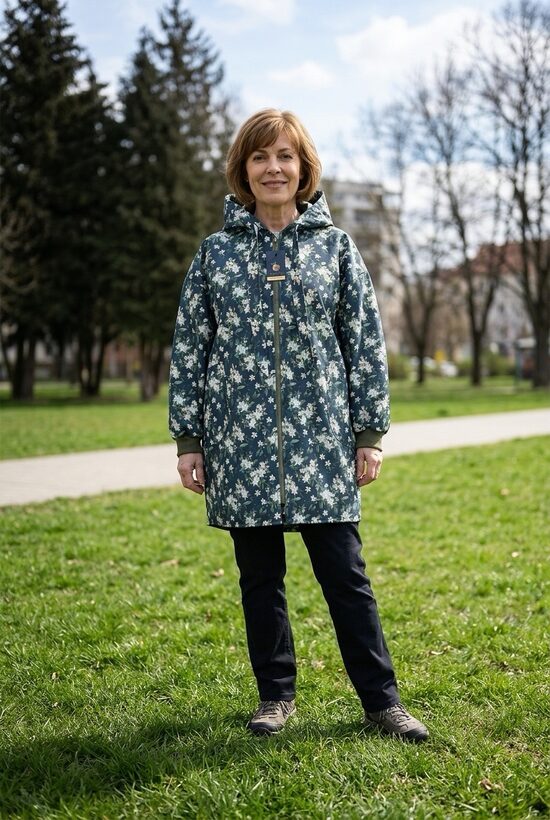 Puķaina sieviešu jaka ar pagarinātu aizmuguri.( 138cm)