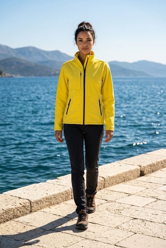 Dzeltena softshell jaka ,tumsā atstarojošais taurenis. M.,XL izm.