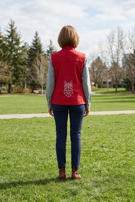 Sarkana softshell veste sievietēm.Tumsā atstarojoša pūce. XL.,XXL izm.