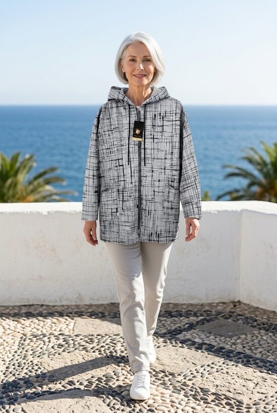 Pelēka melanža softshell sieviešu jaka ar pagarinātu aizmuguri. (134 cm)