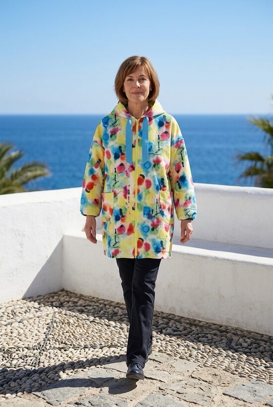 Dzelteni raibā sieviešu softshell jaka ar pagarinātu aizmuguri. (140 cm)