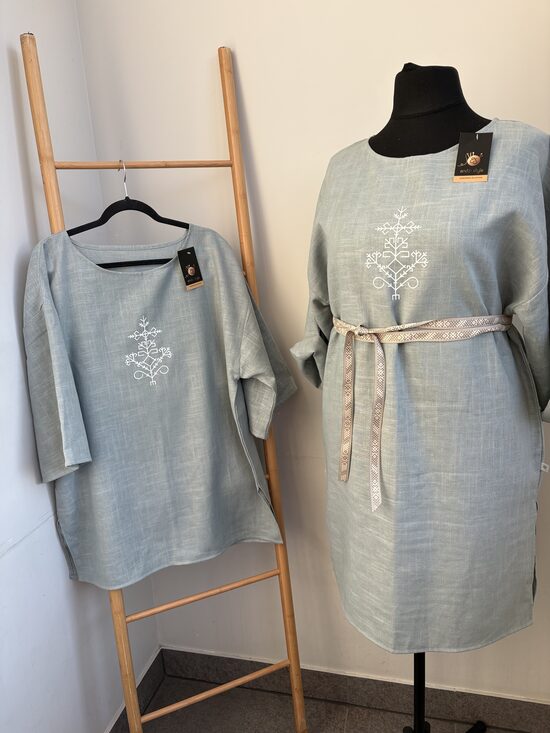 Lina kleita sievietēm. Lina krekls vīriešiem. Gaišā piparmētra. Austras koks. 