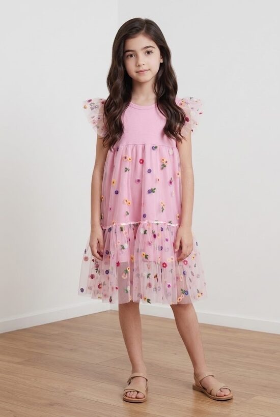 Rozā kleita ar izšūtu tillu. Kupla kleita svētkiem. 92-146.izm.