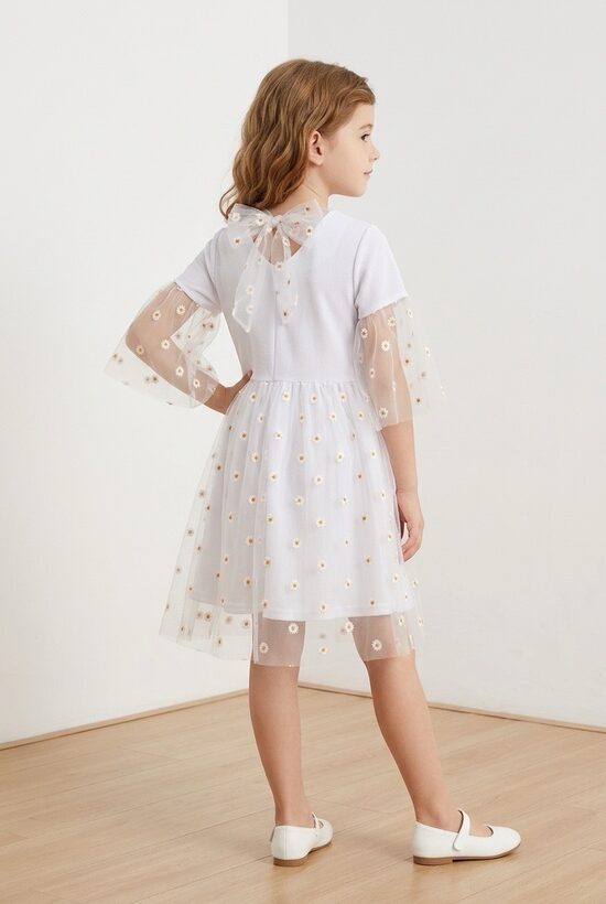 Balta svētku kleita ar izšūtu tillu. Margrietiņas. 92. izm.-152.izm.