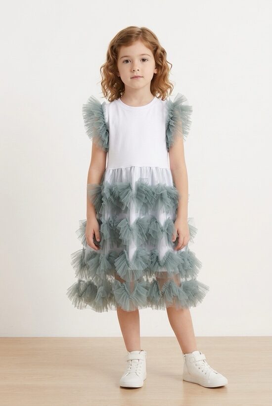 Izlaiduma  kleita .Balta kleita ar piparmētru tonī tillu. 92-146.izm.