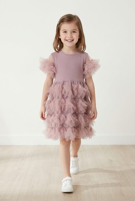 Pūderrozā tonī izlaiduma kleita ar tillu. 92-146.izm.