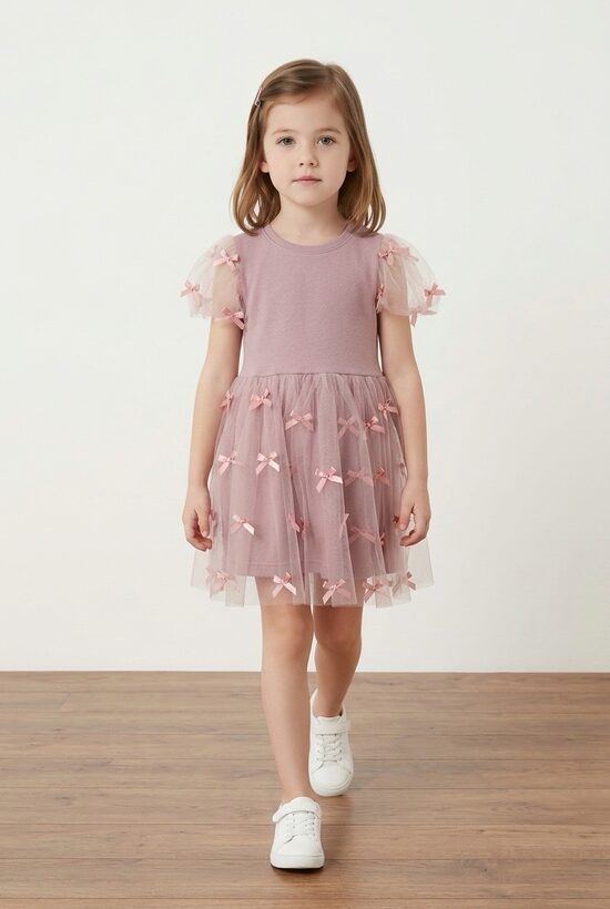 Svētku kleita meitenēm. Kleita pūderrozā tonī ar bantītēm. 86-146.izm.