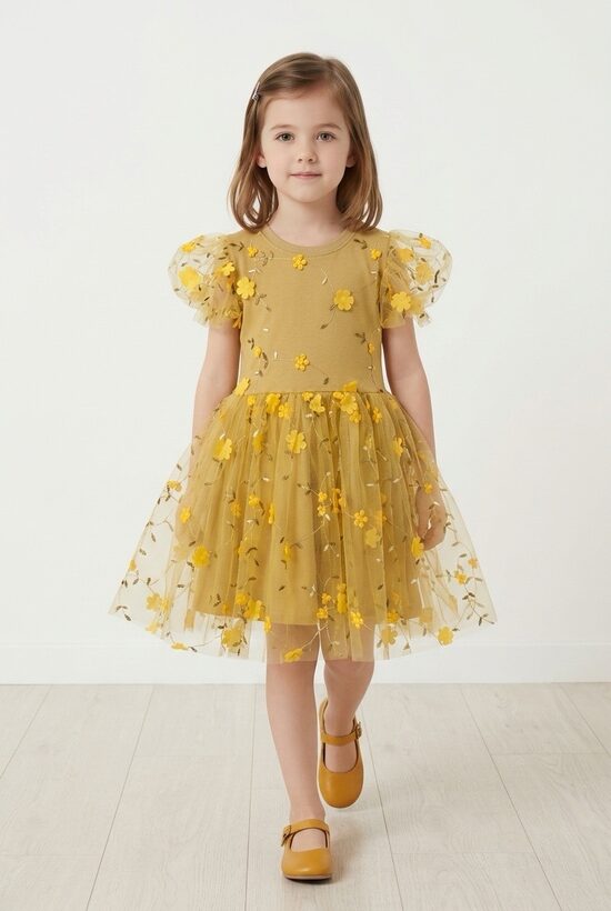 Izlaiduma kleita meitenēm. Zeltītie ziedi. 86-146.izm.