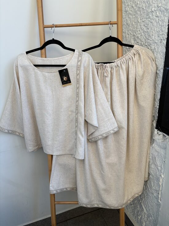 Lina svārki, lina krekls. Bēšīgs melanžs.Rakstainais. (Oversize)