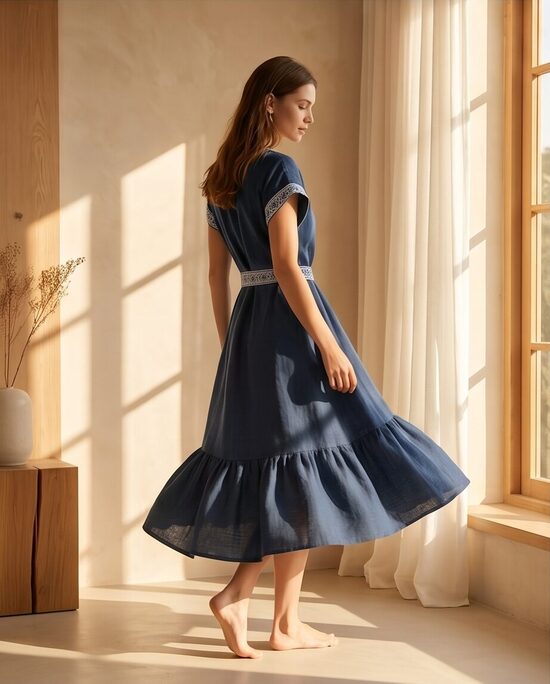 Sieviešu lina kleita ar volānu.Rakstaina  josta.Līga. XS-XL izm.