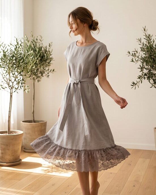 Sieviešu lina kleita ar mežģīni. ,,Lina elegance,, M/L izm.