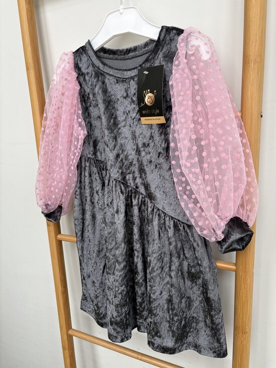 Pelēka samta auduma kleita meitenēm. Rozā pumpiņtills .98/104.,104/110.izm.