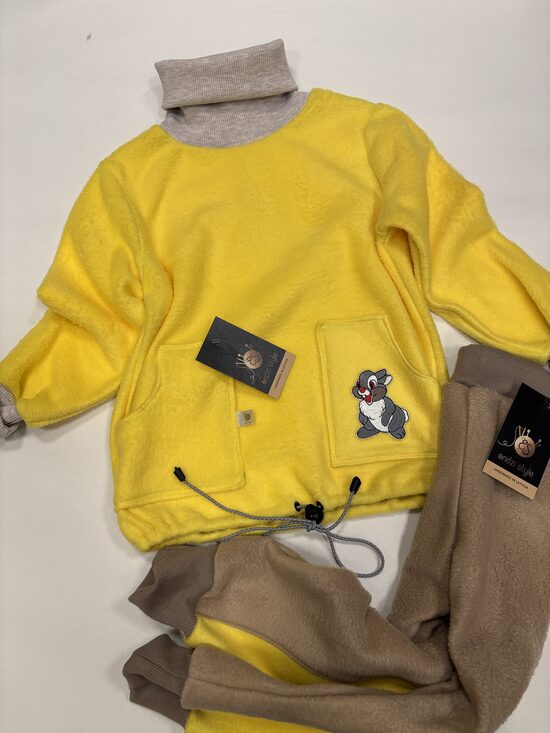 Flīsa džemperis bērniem ar kokvilnas trikotāžas apkakli. Flīsa bikses bērniem. Zaķītis. 80-122.izm.