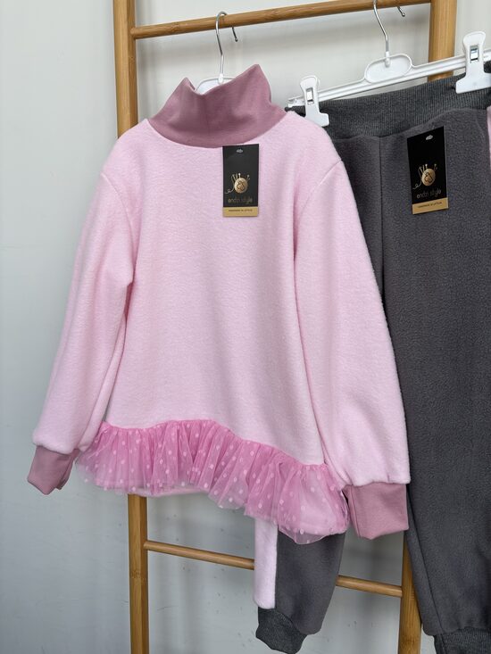 Rozā flīsa džemperis ar pumpiņtillu. 80-128.izm.