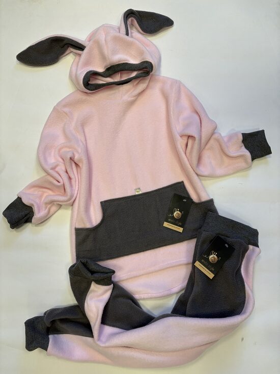 Rozā flīsa hūdijs meitenēm. Zaķenīte. Flīsa bikses. 80-128.izm.