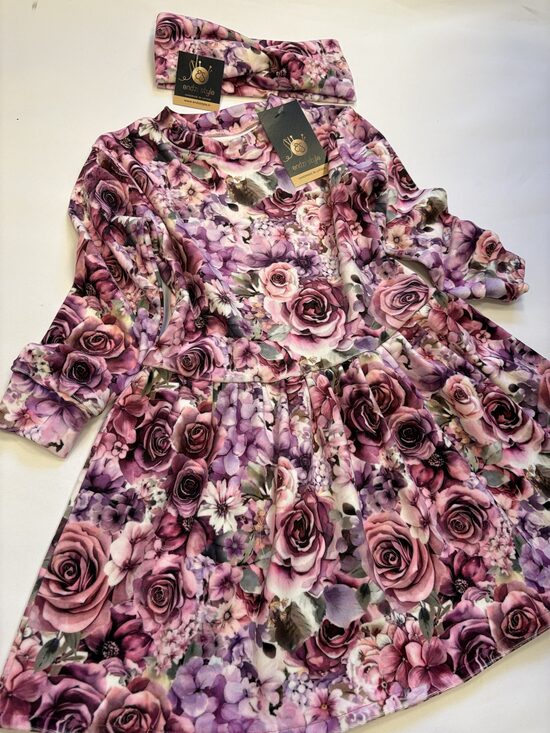 Puķaina kleita meitenēm. Samta auduma kleita. 80-134.izm.Galvas lenta.