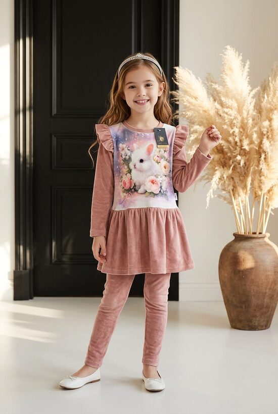 Kleita meitenēm .Kokvilnas velūra kleita.Trusītis. Legingi.116-140.izm.