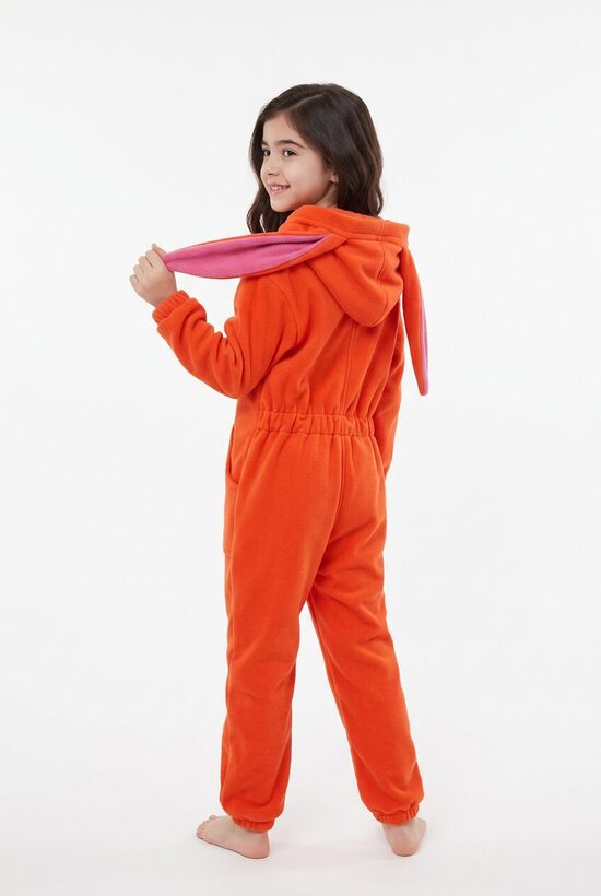 Orandžs kombinezons zaķēns no sporta flīsa. 74-116 izm. Rozā ausis.
