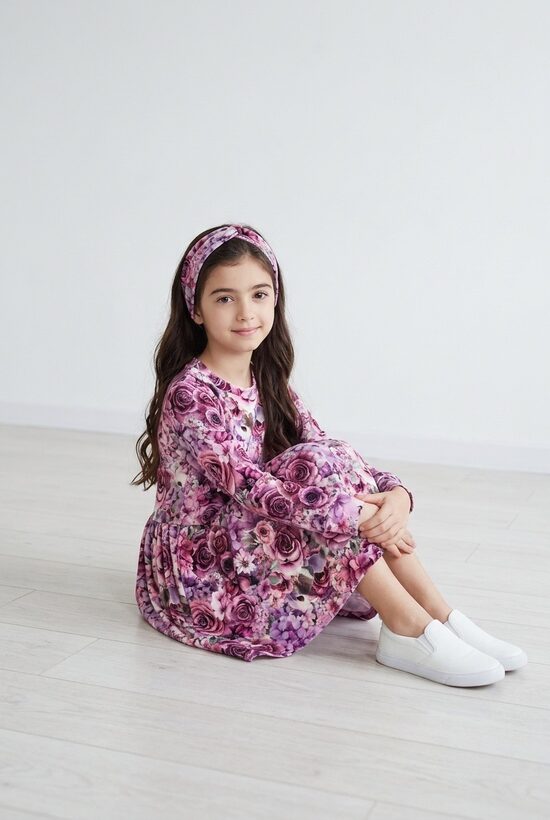 Puķaina kleita meitenēm. Samta auduma kleita. 80-134.izm.Galvas lenta.