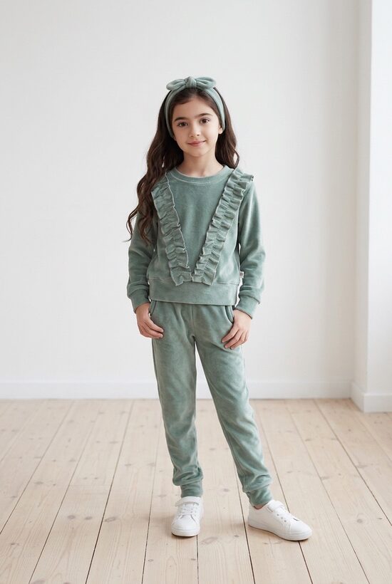 Izsmalcināts kokvilnas velūra auduma komplekts meitenēm. Galvas lenta.86- 140.izm.PIEEJAMS UZREIZ.