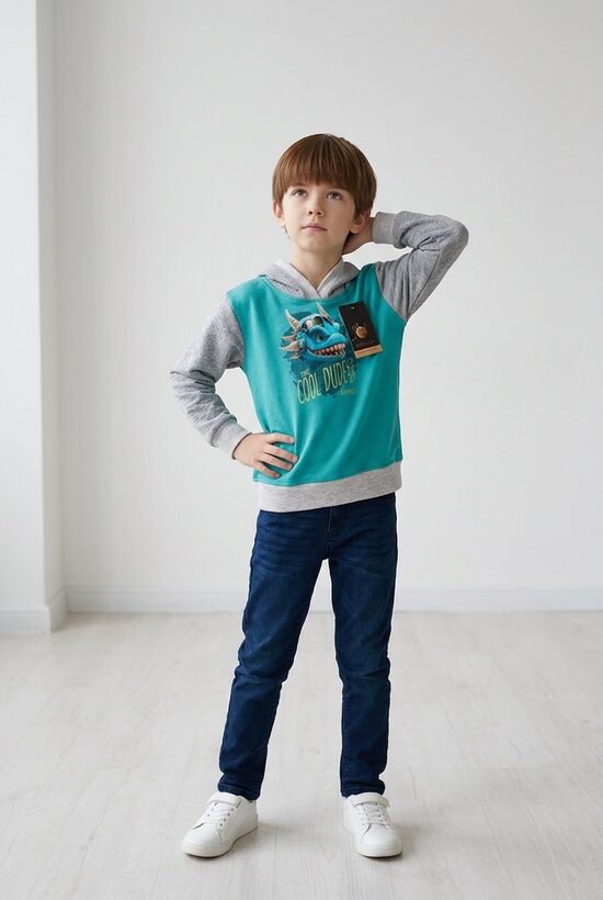 Kokvilnas trikotāžas džemperis ar kapuci.Dino. 80-128.izm.