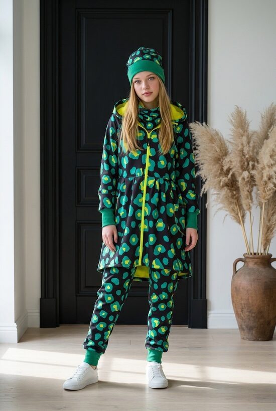 Starpsezonu mētelis meitenēm. Zaļie raibumiņi.Softshell bikses.