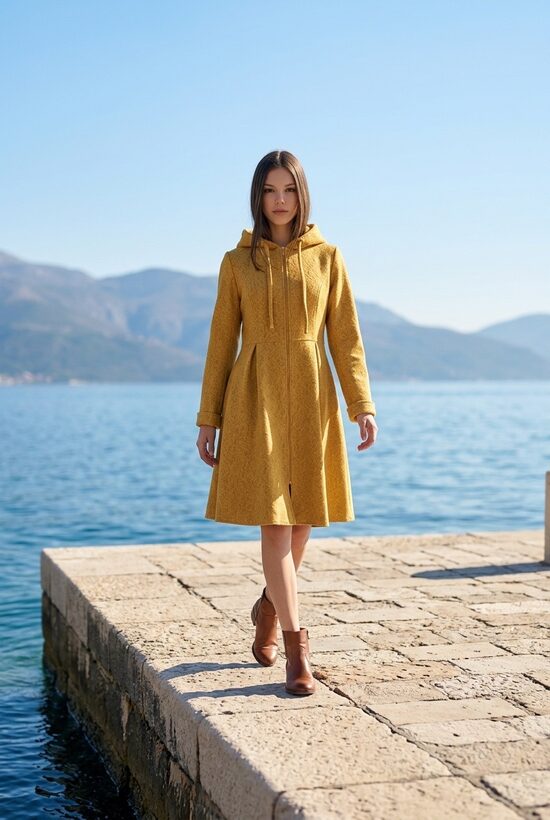 Dzeltens sieviešu mētelis no mežģīna auduma. S.,M.,L.izm.