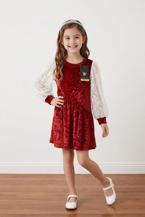 Sarkana samta auduma kleita meitenēm ar baltām mežģīnēm piedurknēs. 86/92.,98/104,izm.