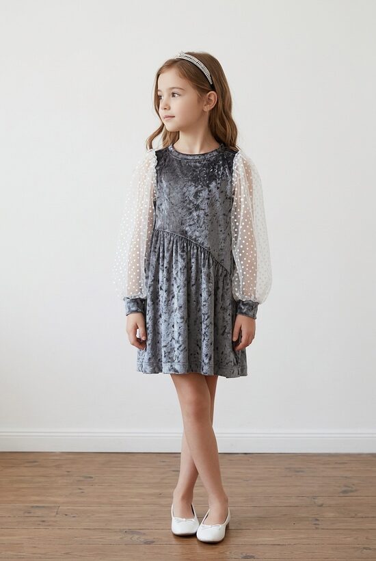 Pelēka bērnu kleita no samta auduma ar tillu.86/92.izm.