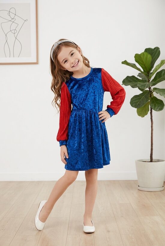 Rudzupuķu zila samta auduma kleita ar mežģīni.110/116.,116/122.izm.