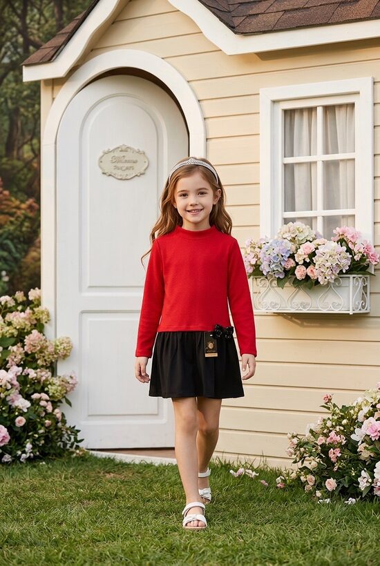 Eleganta kleita meitenēm .Sarkana kleita ar melnu volānu,bankti. 122.izm.