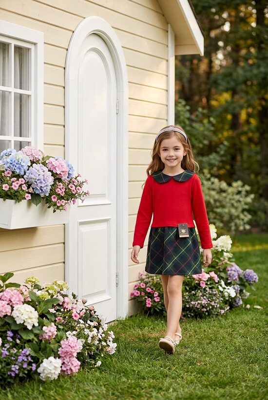 Sarkana meiteņu kleita ar rūtainu volānu.,122.izm.Mini garums.(60cm)