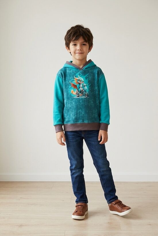 Bērnu džemperis ar kapuci .Kokvilnas trikotāža.Dinozaurs.92-128.izm.