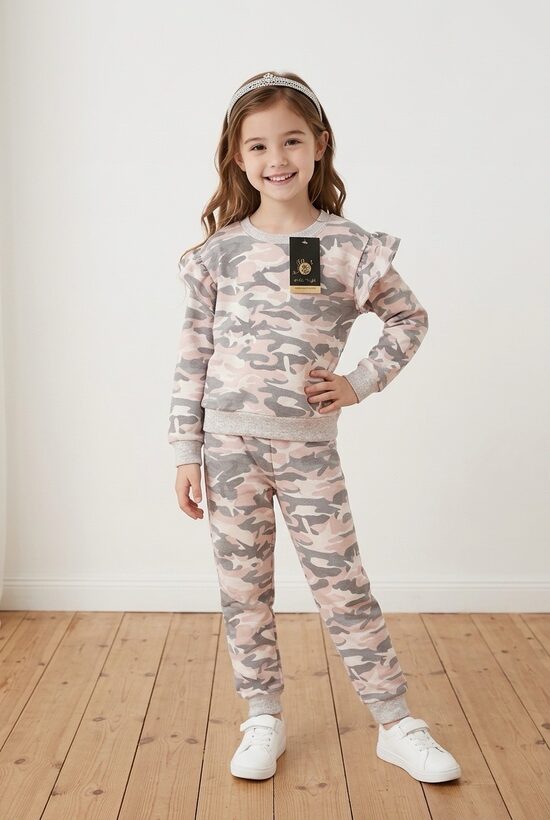Apģērbu komplekts meitenēm. Kamuflāža. Rozā/pelēks. 98.,104.,110.izm.Pieejami uzreiz.