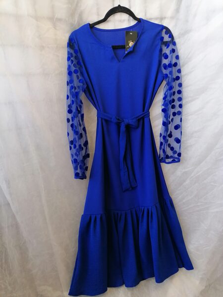 Rudzupuķu zilā tonī kleita ar jostu.S/36.izm.