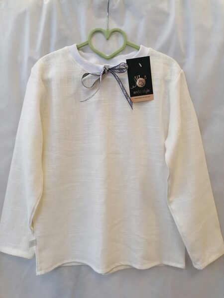  Bērnu lina krekls piena baltā krāsā ar garām piedurknēm un prievīti zila/balta.128-164.izm.