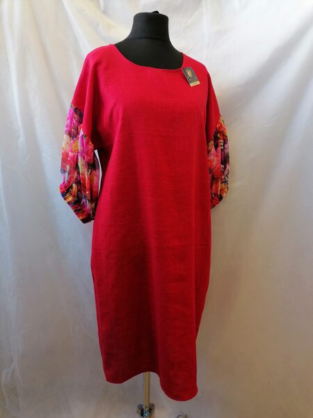 Sarkana lina kleita ar šifona piedurknēm.34-46.izm.